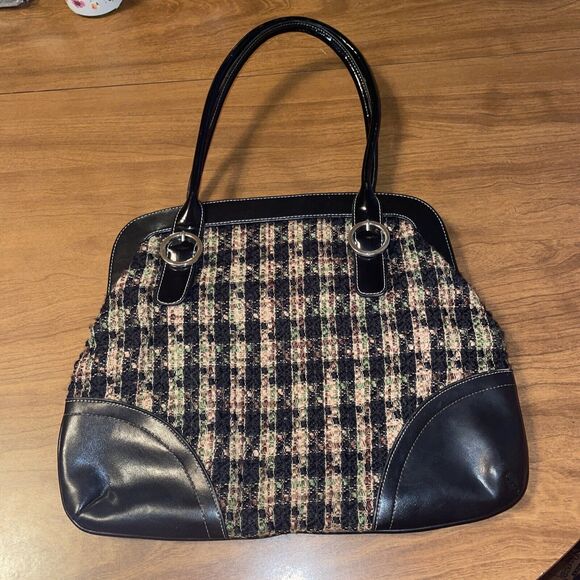 MaggiB Shoulder Purse Black Brown Green Plaid Tweed Snap Close Faux Leather Trim - Picture 12 of 16